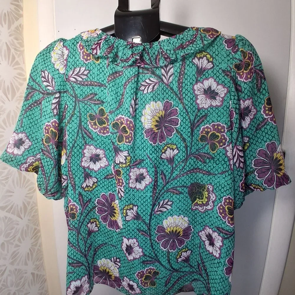 Green Floral Ruffle-Trim Women's Blouse puff sleeve